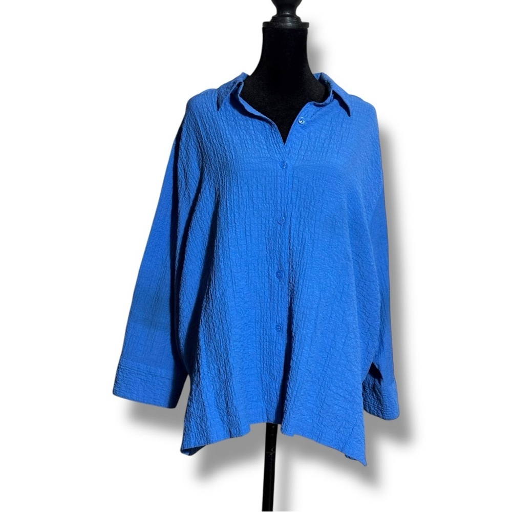 White Stag Royal Blue 3/4 Sleeve Collared Textured Loose Fit Button Down Shirt - Picture 1 of 15